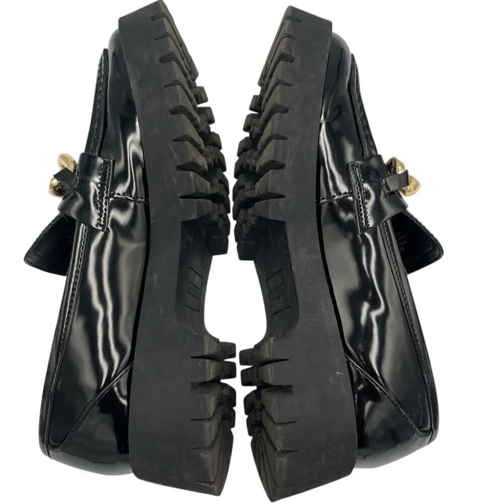 GUESS Womens 8.5 M Hillford Chunky Black Patent Leather Platform Loafer Lug Sole
